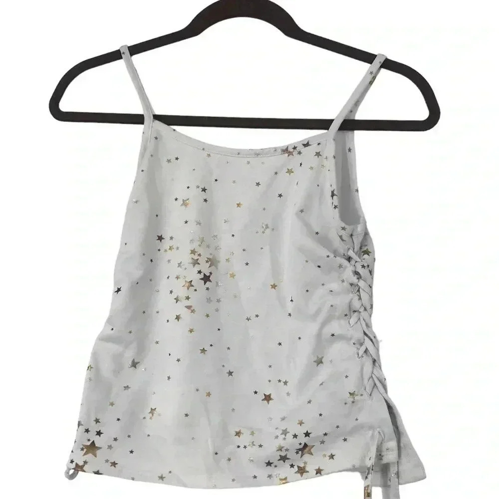 PINC PREMIUM SHIRT GIRLS EXTRA LARGE WHITE GOLD SILVER STAR TANK TOP RUCHED